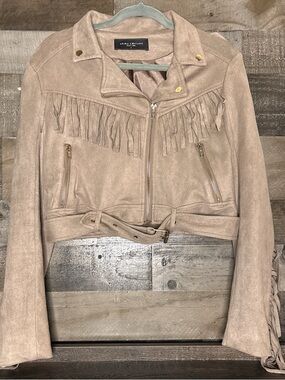 Akira Chicago Tan Suede Fringe Moto Jacket